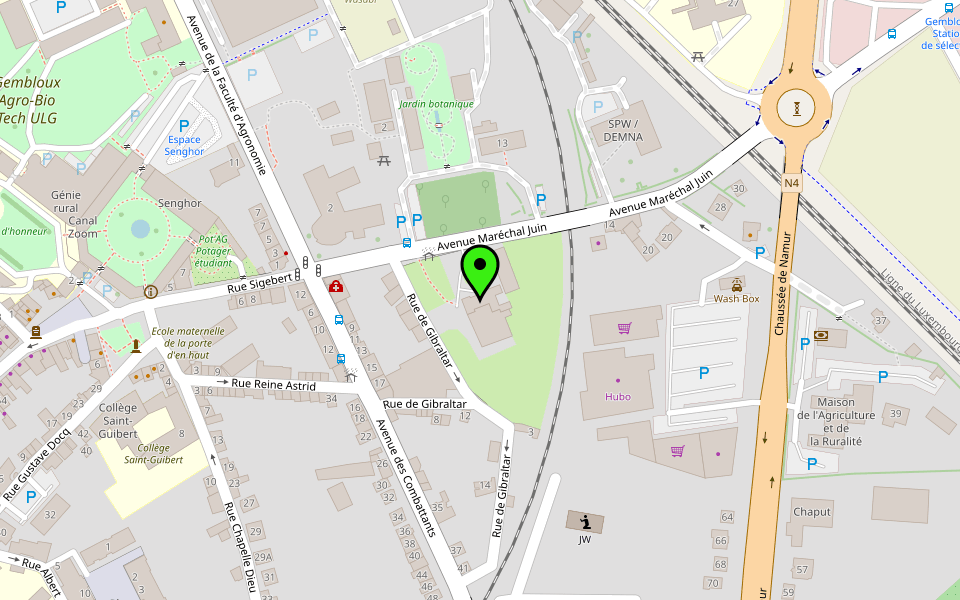 Street map of Gembloux with a marker on Avenue Maréchal Juin 6, south of the botanical garden