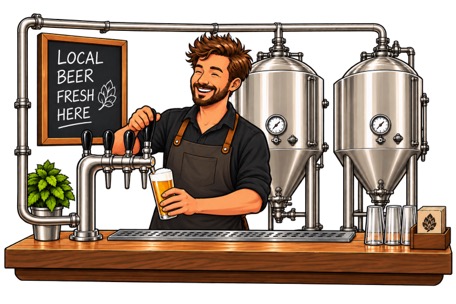 Illustration of a brewer pouring a beer at a tap in front of two fermentation tanks