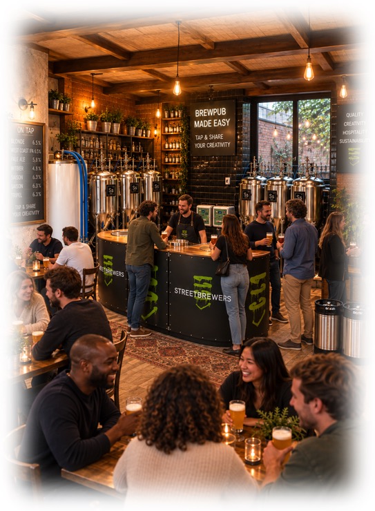 Illustration of a busy brewpub with a Streetbrewers bar and brewing tanks behind it